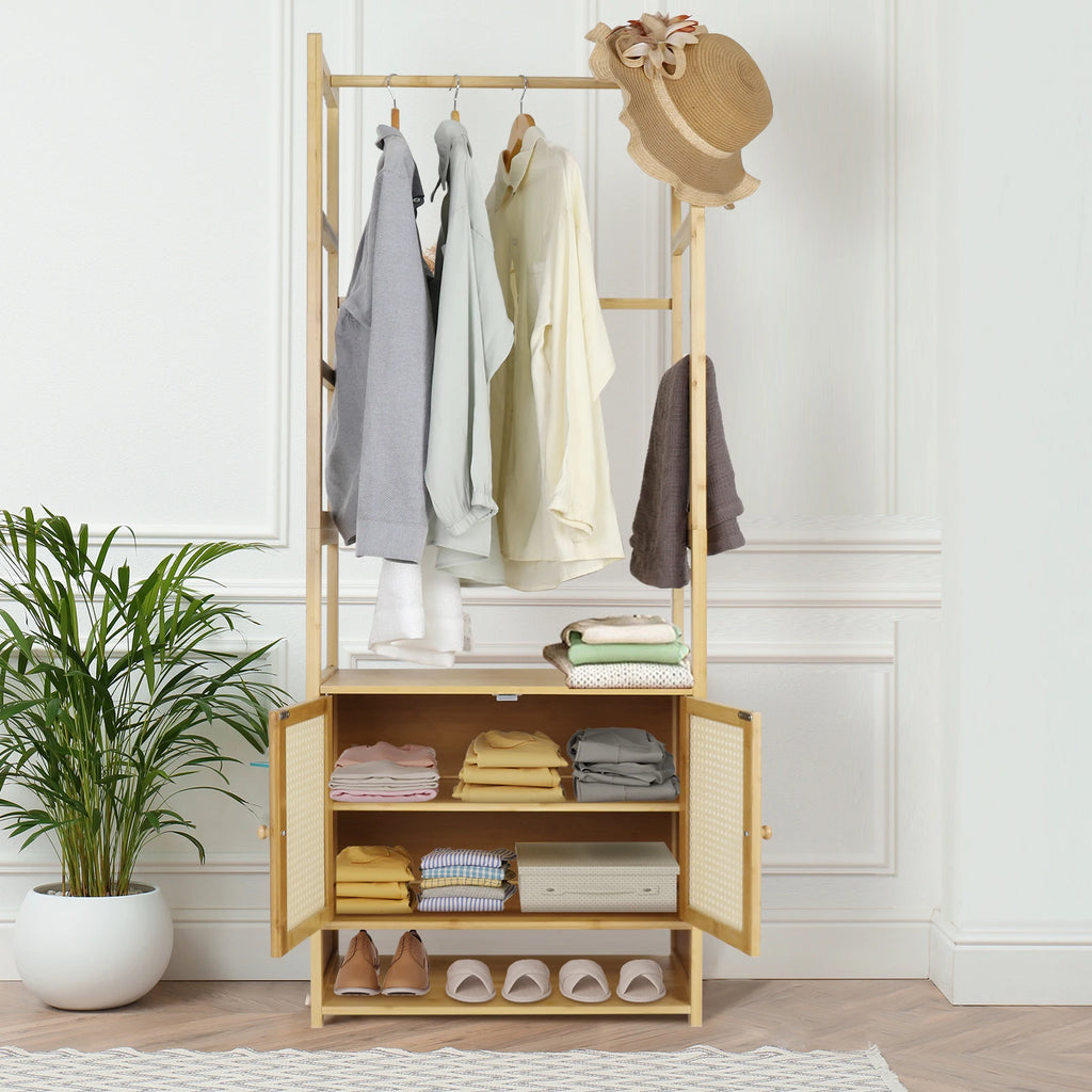 Bamboo Clothes Rack with Storage Cabinet Hanging Rail and Shelves Freestanding Wardrobe Organizer – Natural Wood