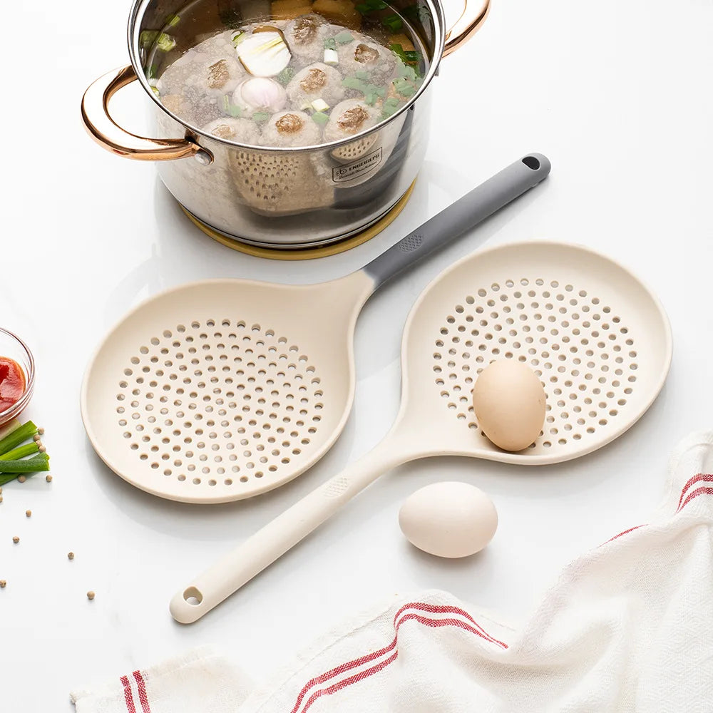 Large Silicone Skimmer Spoon Stainless Steel Slotted Colander Strainer Kitchen Utensil - Grey