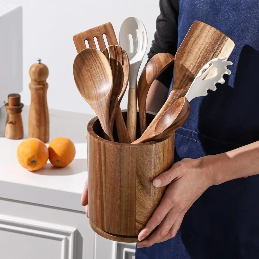 Utensil Holder 360° Rotating Wooden Kitchen Storage Rack Countertop Organiser - Natural Wood