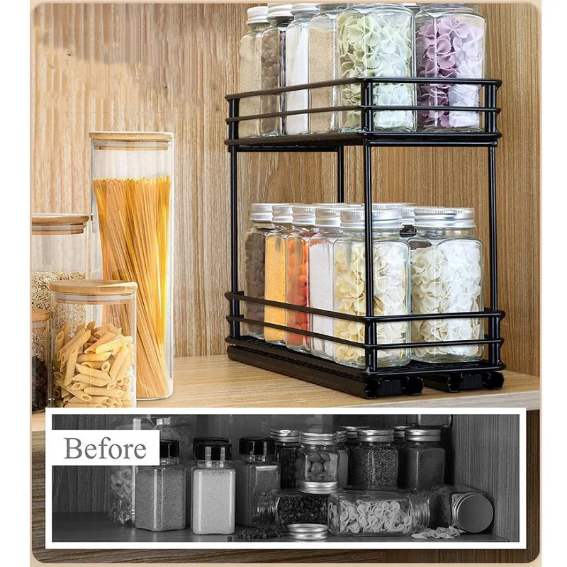 Spice Rack 2 Tier Sliding Pull-Out Cabinet Organizer Heavy Duty Metal - Size M