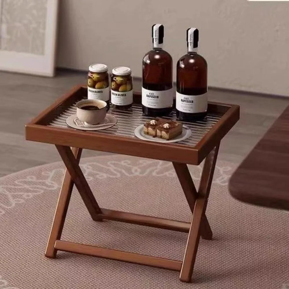 Side Table Foldable Bamboo Small Coffee End Unit with Lower Shelf – Natural