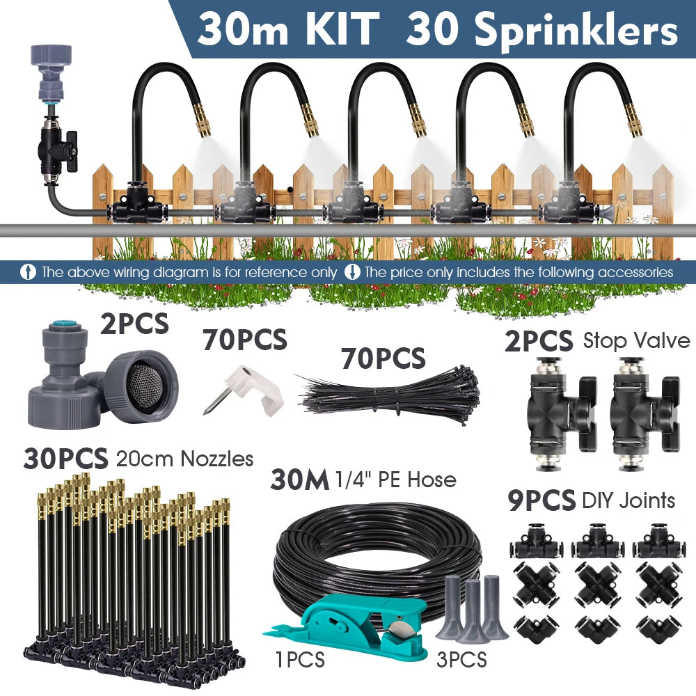 Garden Misting Cooling System Adjustable Spray Irrigation Kit - 30m