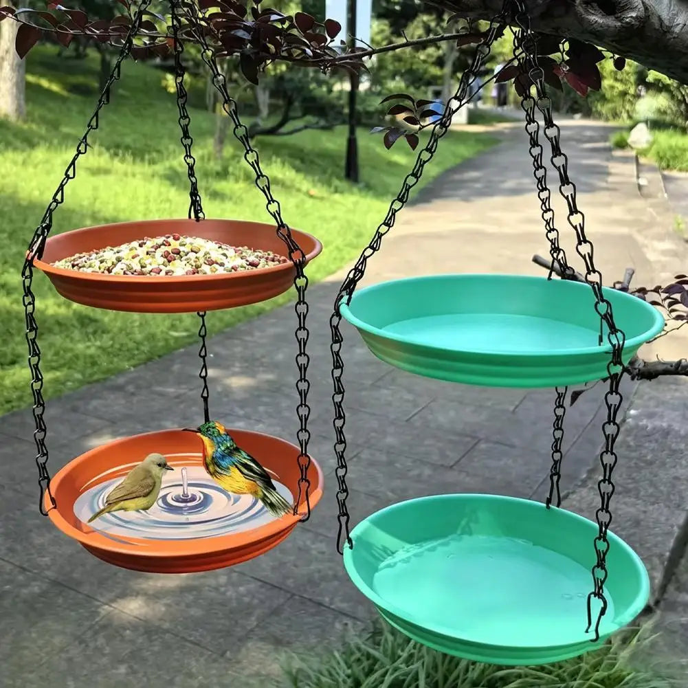 Outdoor Hanging Bird Bath and Double-Tier Bird Feeder Dish with Water Bowl and Chain – Maroon