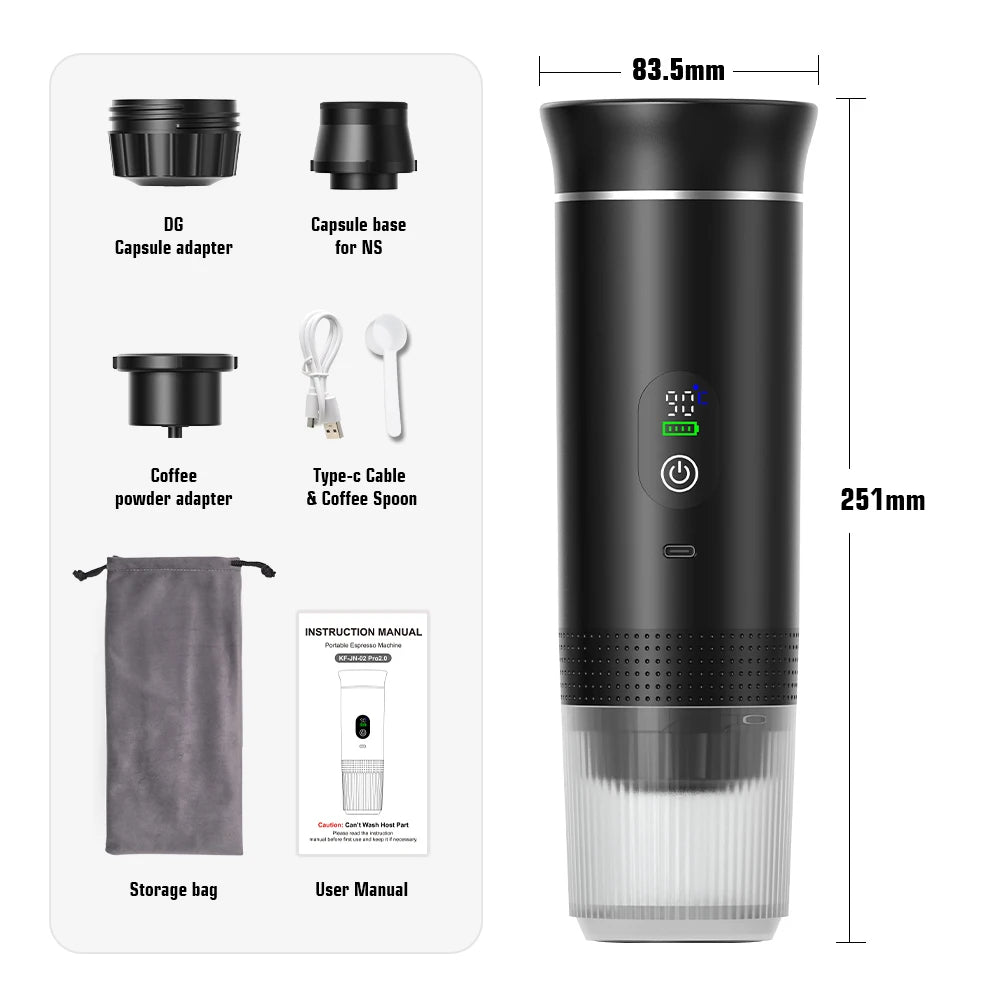 Wireless Portable Espresso Coffee Machine 3 in 1 Capsule and Ground Coffee Maker for Car Home and Camping - Black with bag