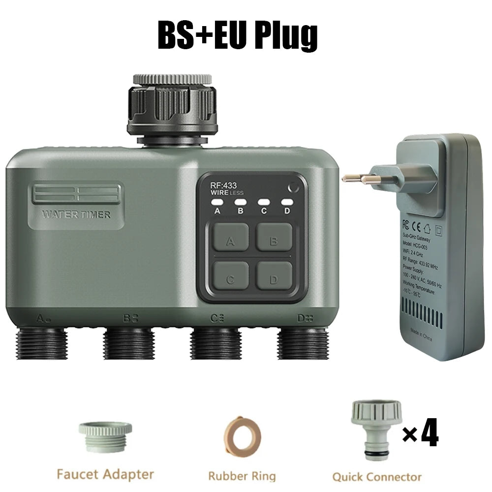 Smart WiFi RF433 Garden Sprinkler Water Timer 4 Outlet Programmable Automatic Irrigation Controller with Rain Delay