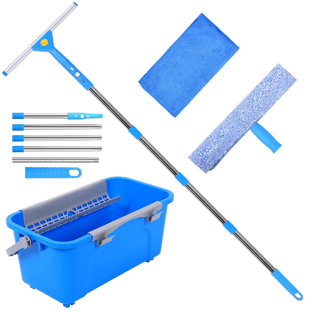 Window Cleaning Kit 12L Adjustable Long Handle Squeegee and Microfibre Scrubber with Bucket