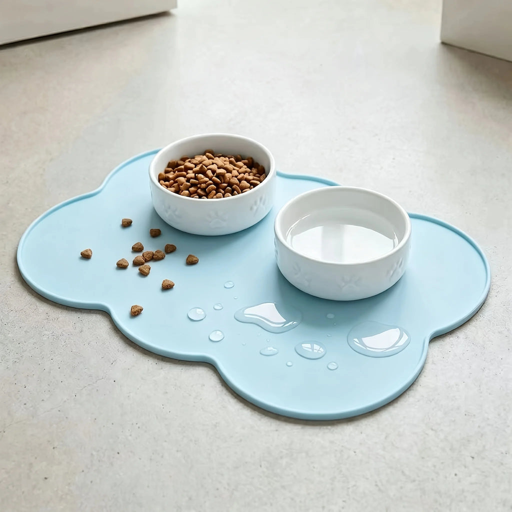Pet Feeding Mat Silicone Waterproof Cat Bowl Placemat with Raised Edge - Blue
