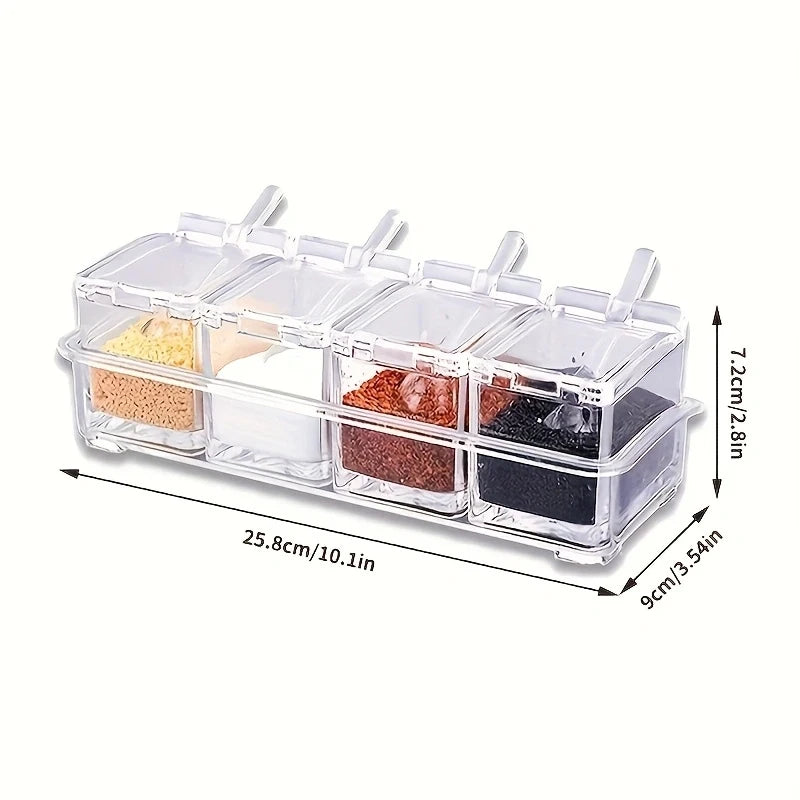 4 Compartment Clear Seasoning Box Spice Storage Container with Lids and Spoons – Transparent