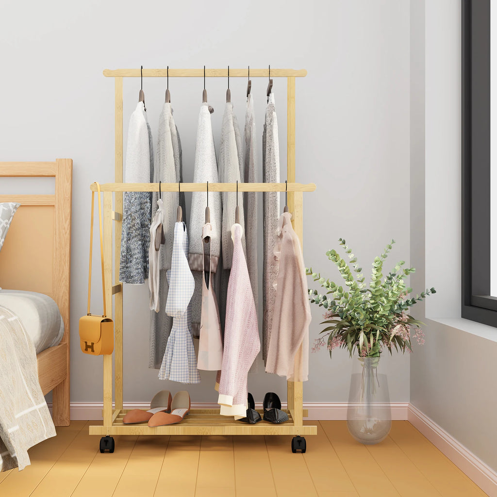 Bamboo Clothes Rack with Double Hanging Rails Rolling Garment Stand with Storage Shelf and Side Rail – Natural Wood