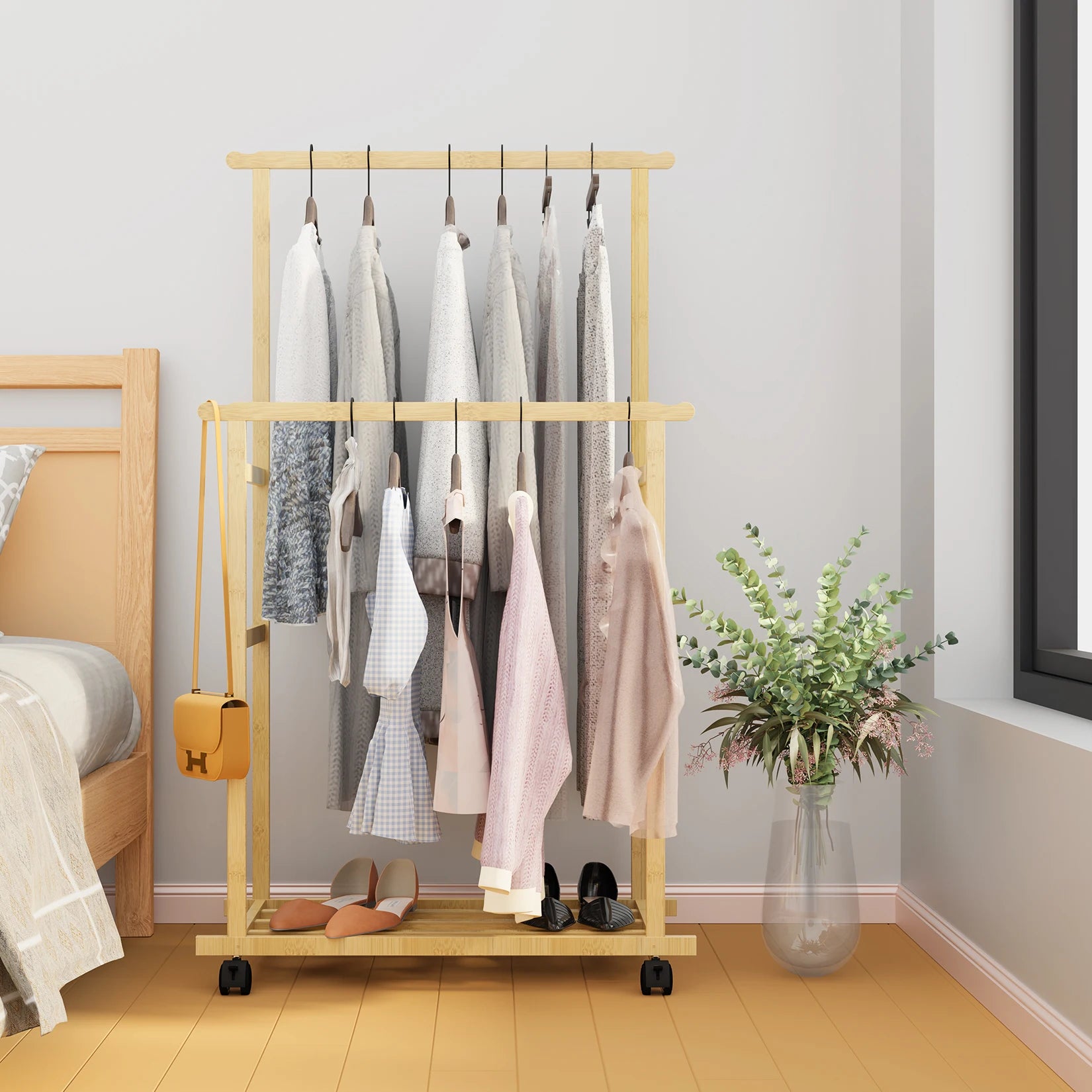 Bamboo Clothes Rack with Double Hanging Rails Rolling Garment Stand with Storage Shelf and Side Rail – Natural Wood
