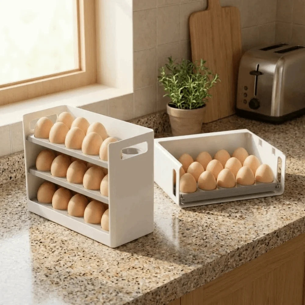 Egg Storage Box 30 Grid 3 Tier Flip-Top Plastic Fridge Organiser - White