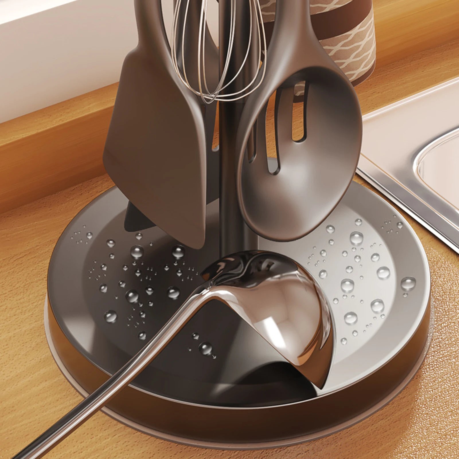 360° Rotating Kitchen Utensil Holder with 8 Hooks Countertop Cooking Tool Organizer Stand – Gray