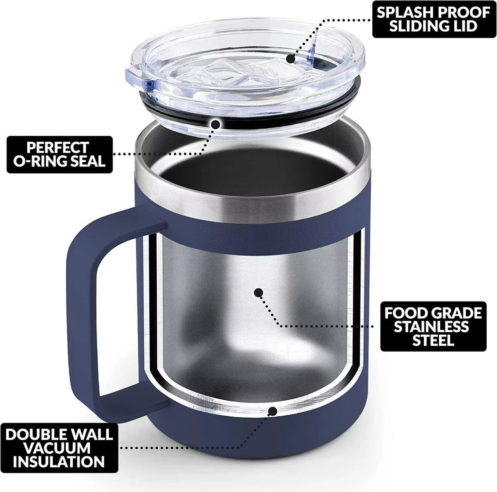 12oz Stainless Steel Insulated Coffee Mug with Handle and Sliding Lid – Black