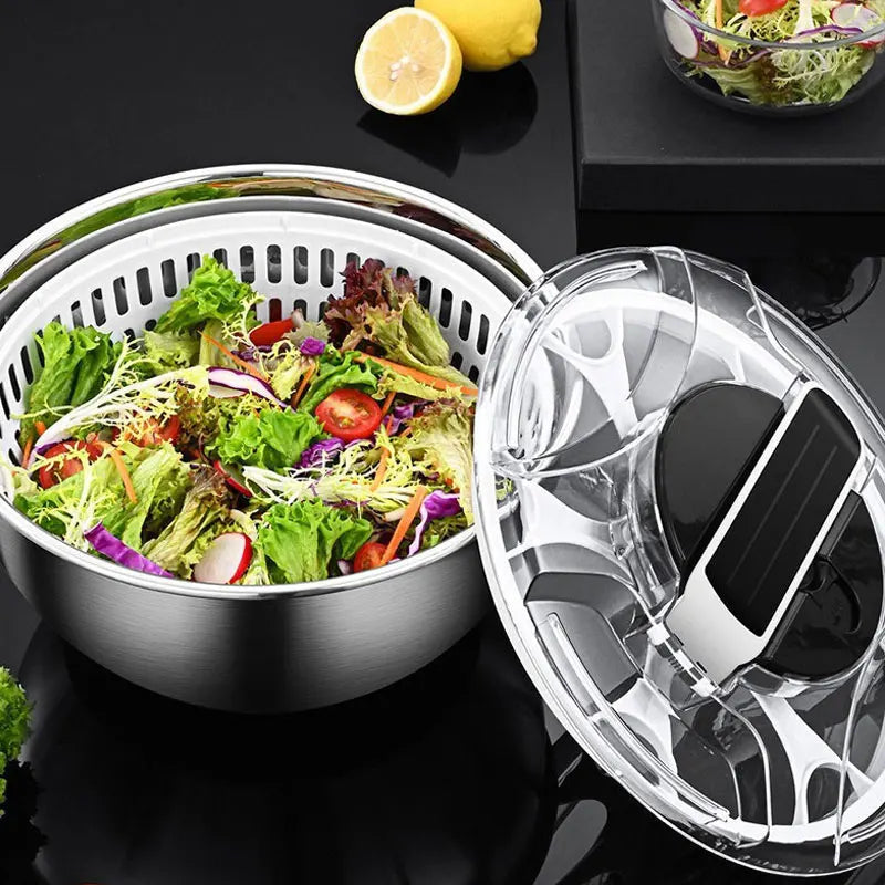 Salad Spinner Stainless Steel Manual Press Vegetable Dryer Washer Bowl – Silver