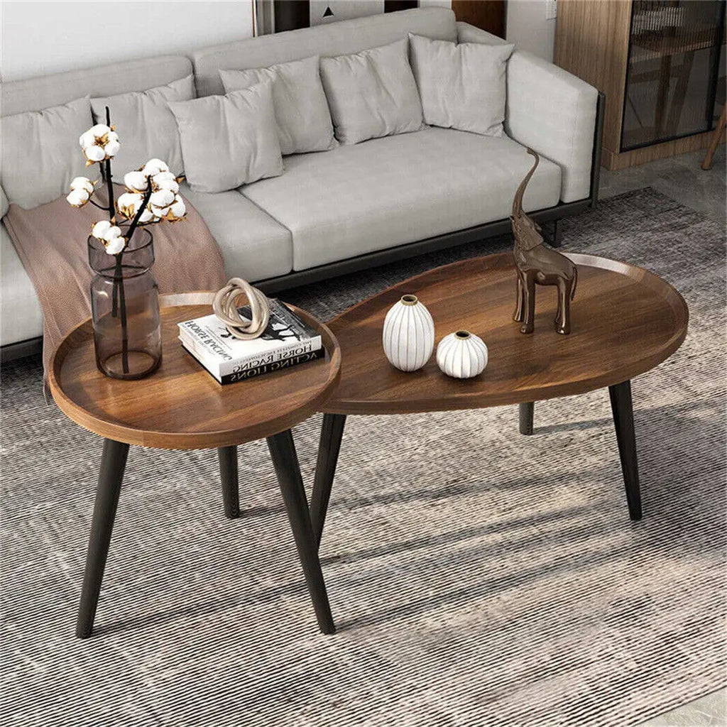 Set of 2 Nesting Coffee Tables Round Rustic Side Tables with Wood Top and Metal Legs – Chocolate