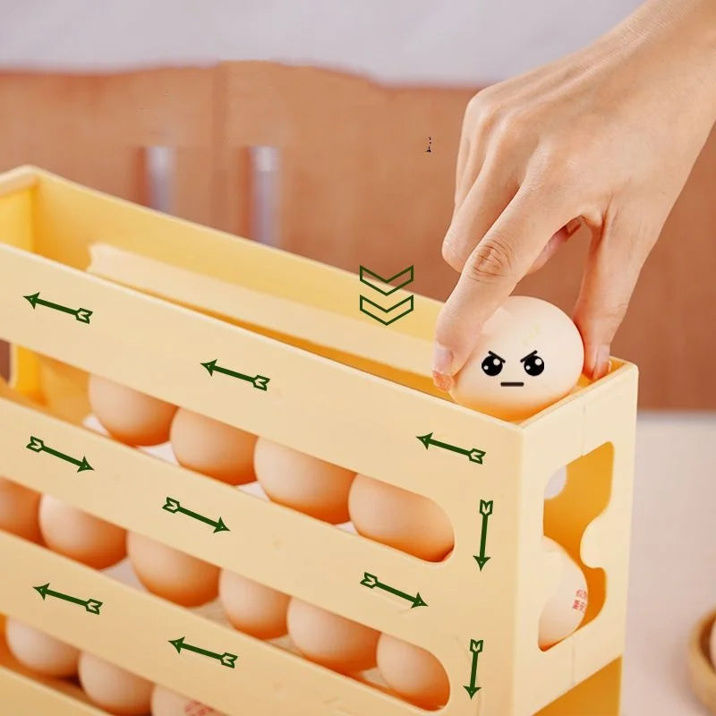 4 Tier Automatic Roll-Out Egg Storage Rack Refrigerator Egg Organizer Holder for Up to 30 Eggs – White