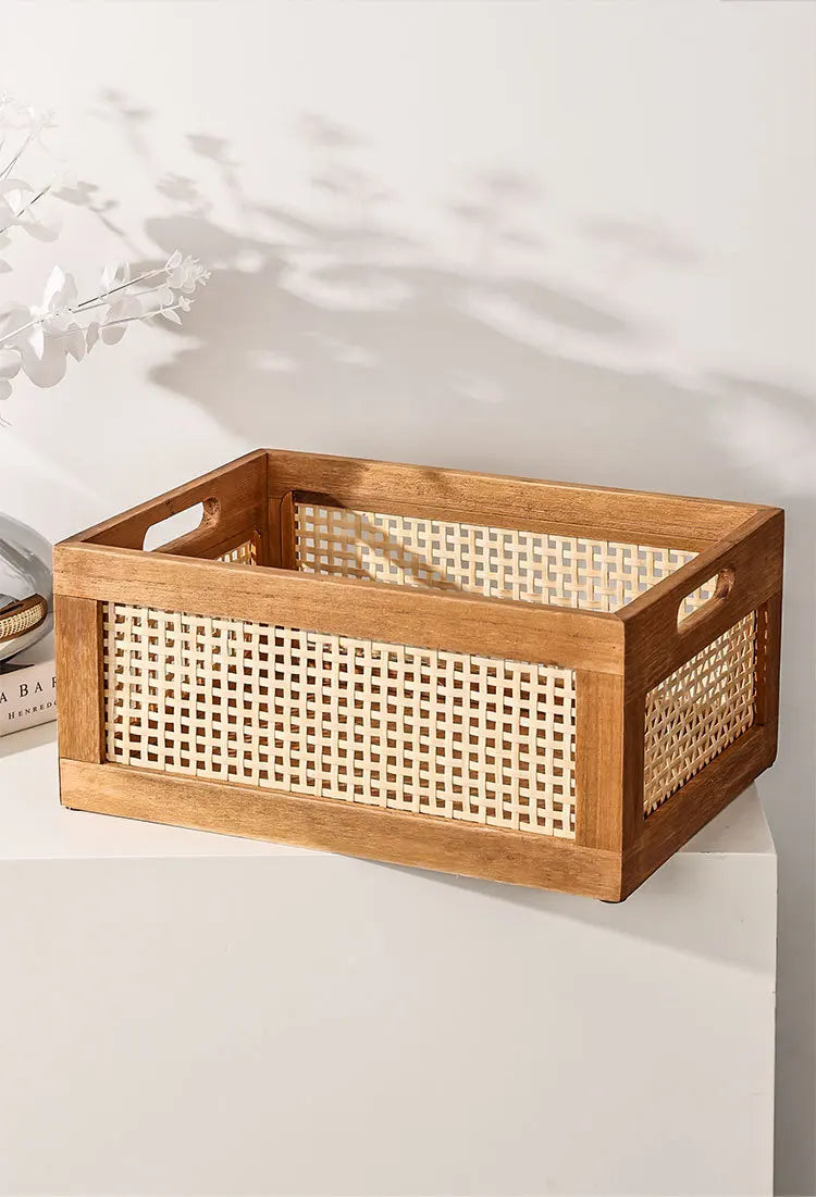 Storage Basket Portable Solid Wood Rattan Woven Desktop Organizer 30x20x14cm