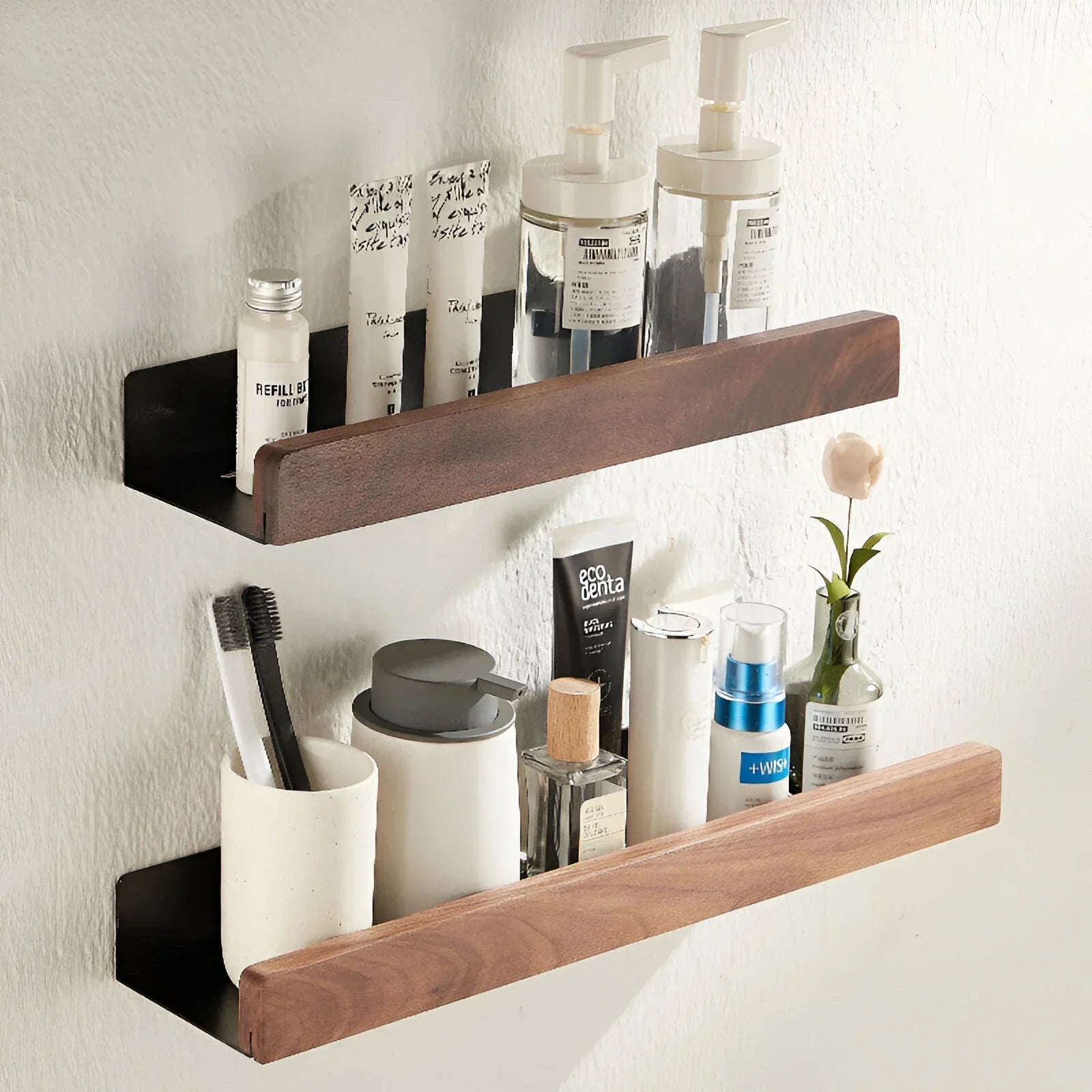 Wall Mounted Black Walnut Bathroom Storage Shelf Aluminum Organizer Rack No Drill – 30cm