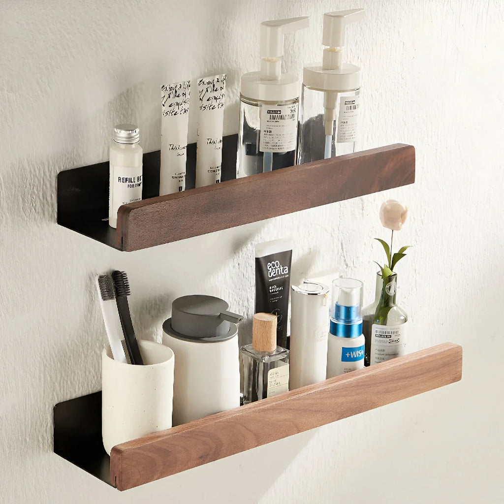 Wall Mounted Black Walnut Bathroom Storage Shelf Aluminum Organizer Rack No Drill – 40cm