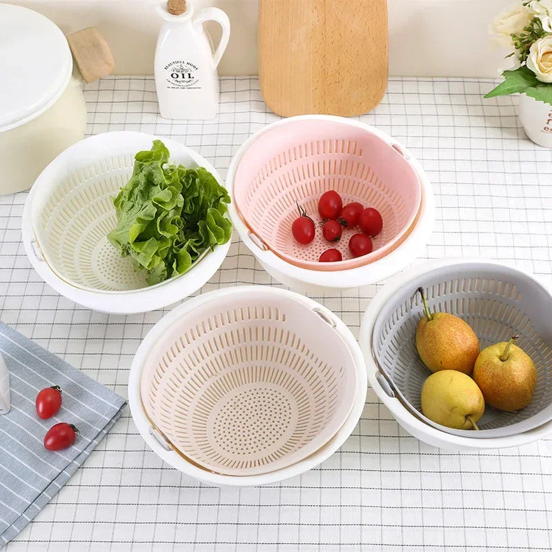 Rotating Double Layer Colander Bowl Fruit Vegetable Washing Drain Basket – Grey