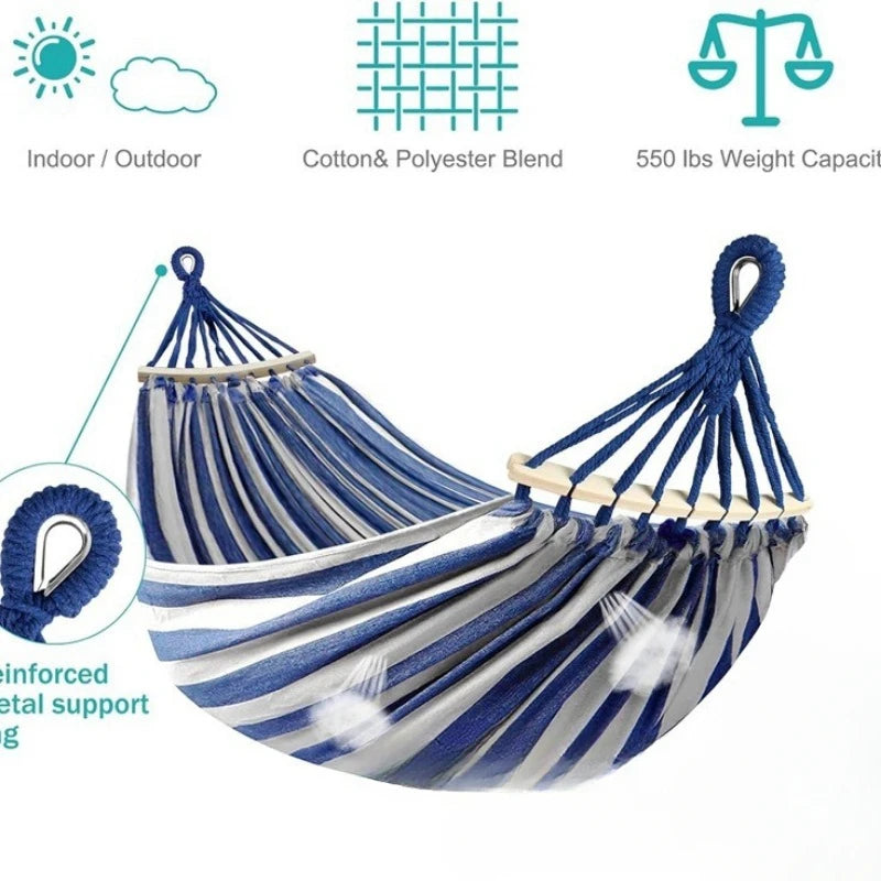 Canvas Hammock Double Camping Swing with Curved Wooden Poles – Outdoor Bed for Two - Blue