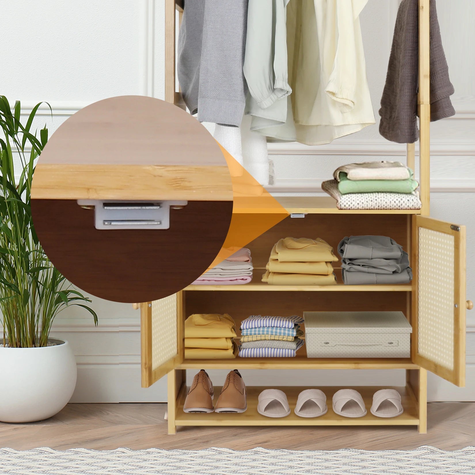 Bamboo Clothes Rack with Storage Cabinet Hanging Rail and Shelves Freestanding Wardrobe Organizer – Natural Wood