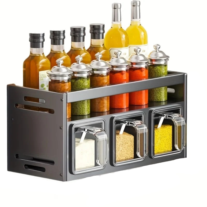 Wall Mounted Kitchen Spice Rack Storage Set with Sealed Containers and Dispensers