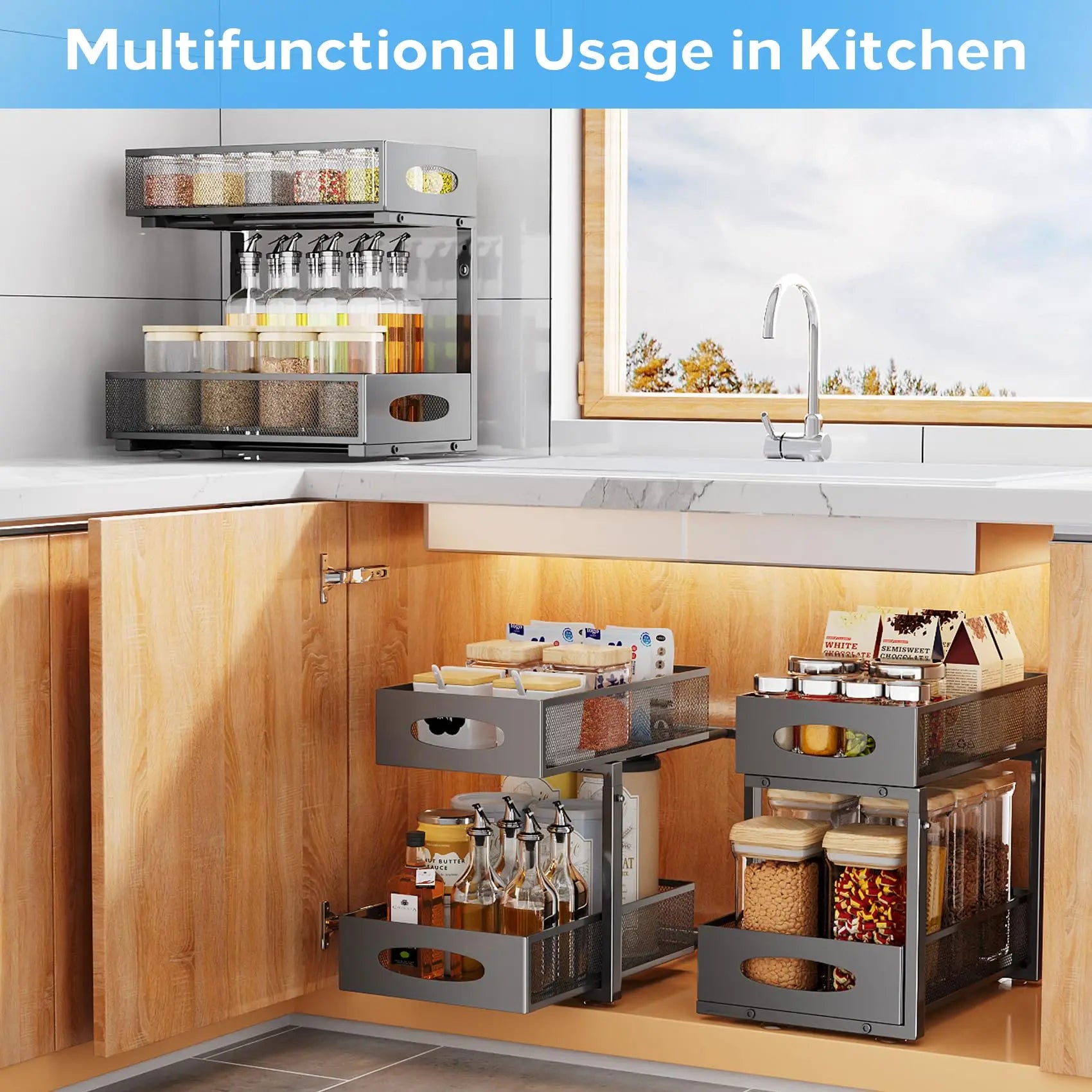 Under Sink Organizers and Storage – Adjustable 2 Tier Metal Pull-Out Cabinet Organizer – Bathroom, Kitchen, Pantry - Black