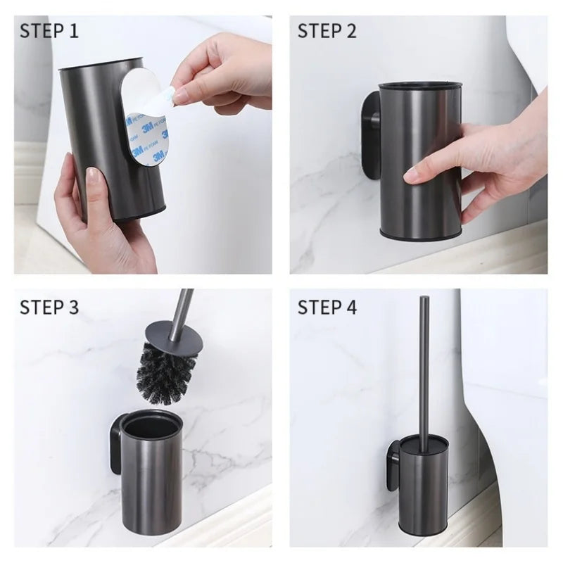 Wall Mounted Toilet Brush with Holder No Drill Stainless Steel Handle Bathroom Cleaning Brush Set – Gold