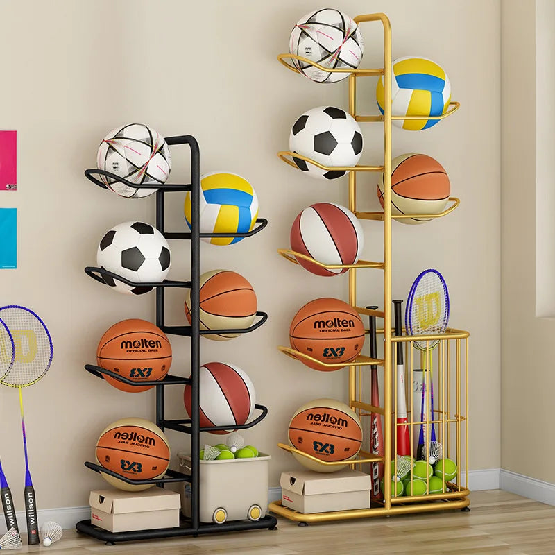 Heavy Duty 5 Tier Ball Storage Rack 146 cm Carbon Steel Floor Stand Sports Equipment Organizer – Black