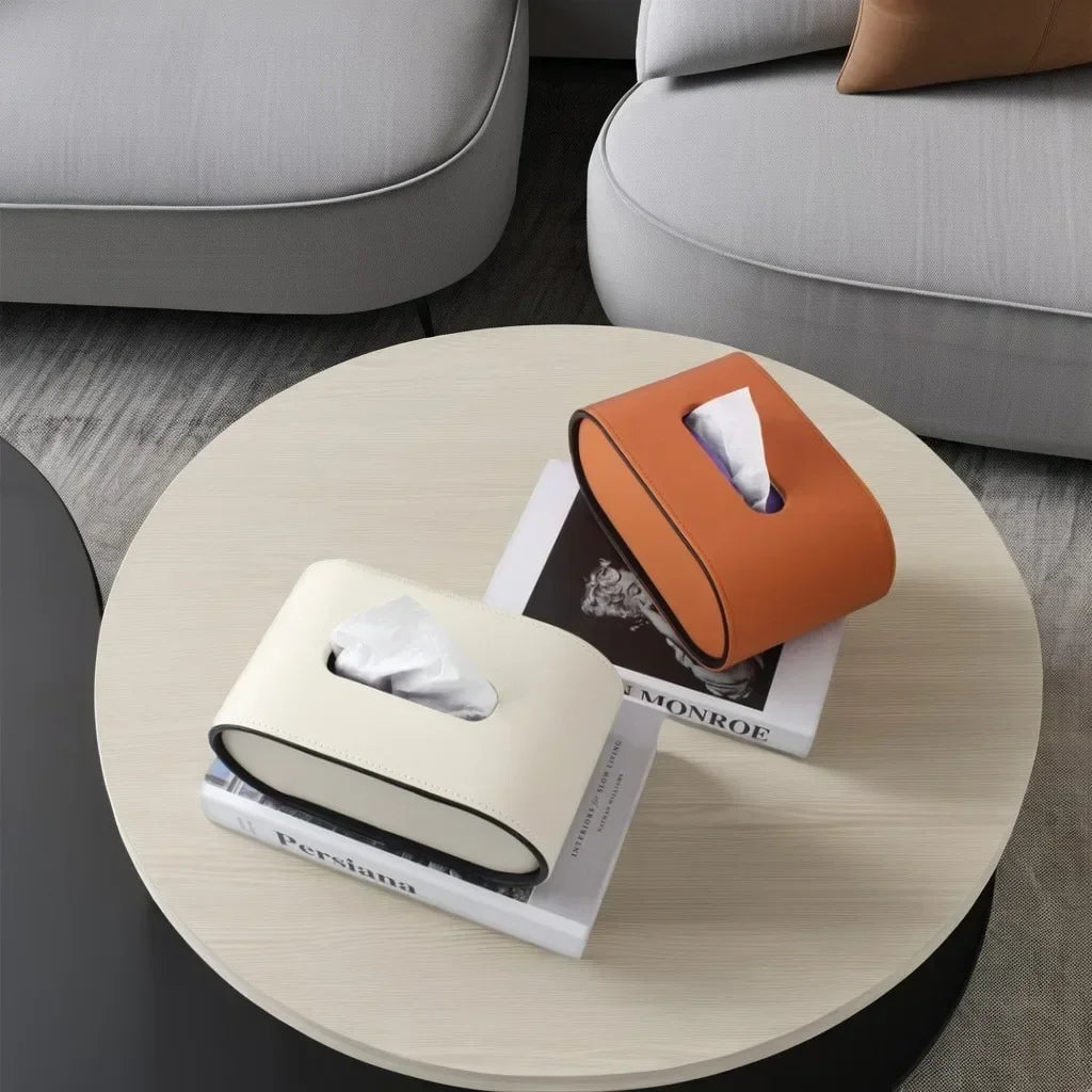 Luxury Leather Tissue Box Holder Modern Oval Napkin Storage – White