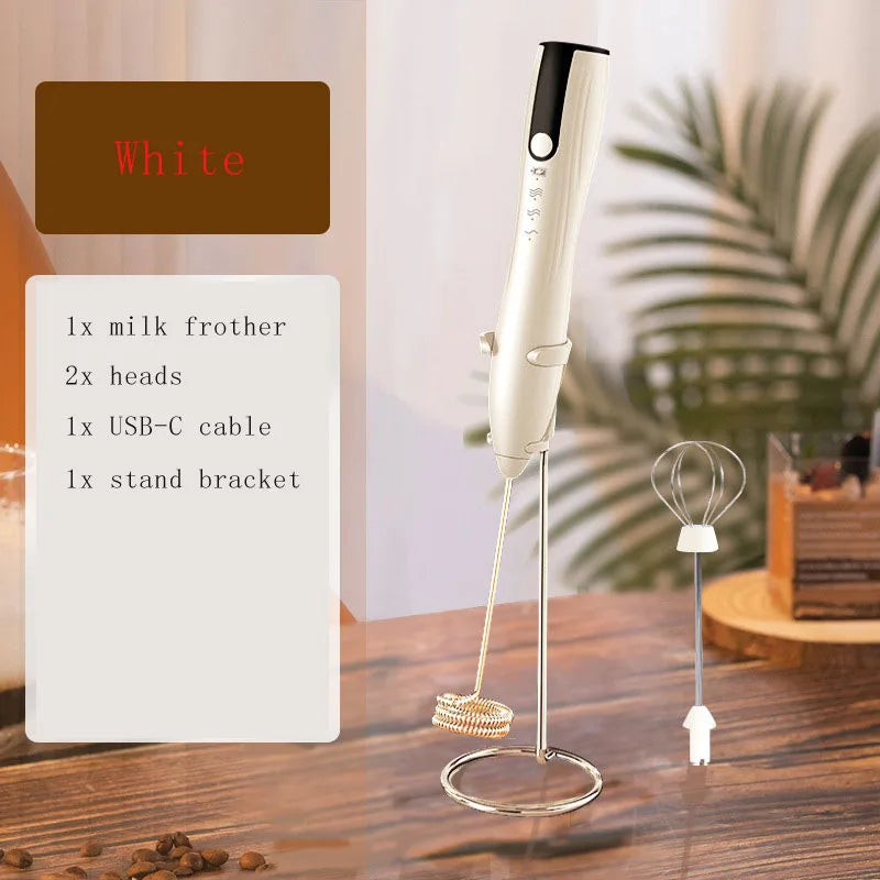 Rechargeable Electric Milk Frother 3 Speed Handheld Whisk with Dual Stainless Steel Heads and Stand – White