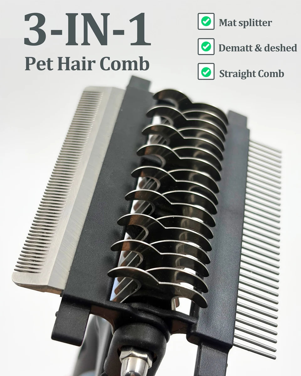 Pet Grooming Comb 3 in 1 Stainless Steel Undercoat Rake Shedding Detangling Brush for Dogs - Blue
