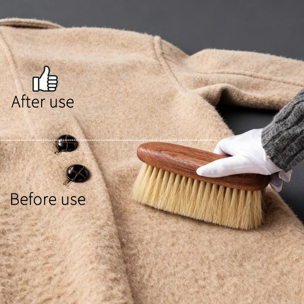 Clothes Brush Natural Horsehair Wooden Handle Lint Remover for Wool - Brown