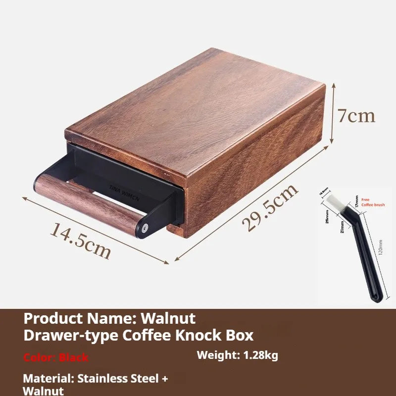 Espresso Knock Box Drawer Walnut Coffee Grounds Bin Stainless Steel - Black