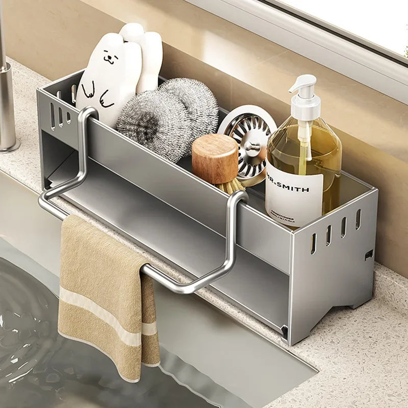 Stainless Steel Sink Storage Rack Kitchen Sponge Holder with Towel Bar Draining Organizer – Grey
