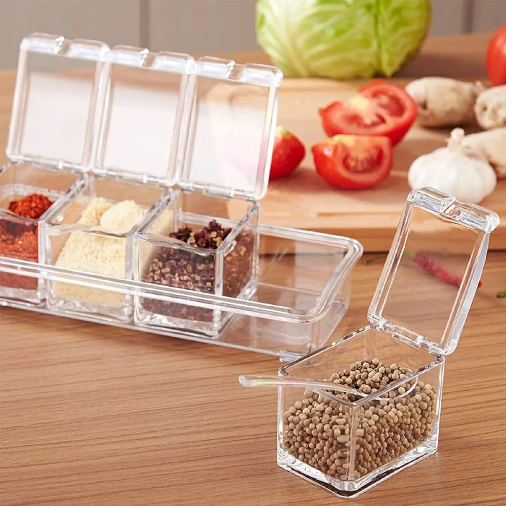 4 Compartment Clear Seasoning Box Spice Storage Container with Lids and Spoons – Transparent