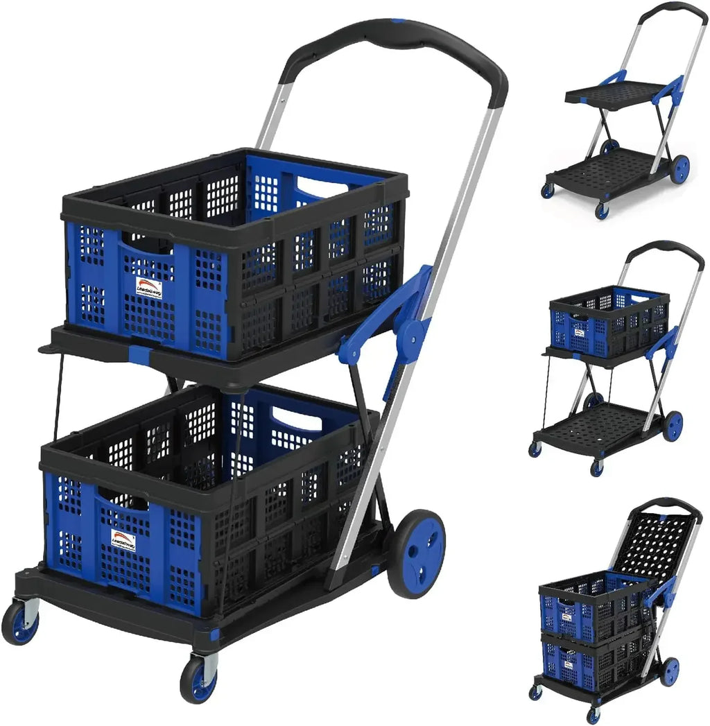 Shopping Cart Folding Utility Trolley with 2 Storage Crates and Wheels – Blue