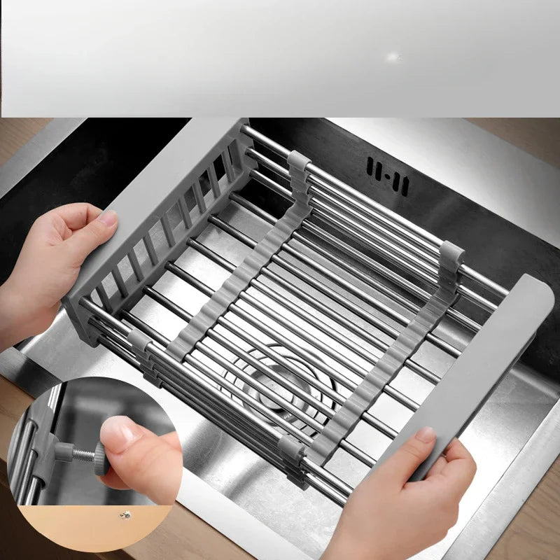Kitchen Sink Drain Rack Adjustable Stainless Steel Retractable Dish Drying Basket Storage Organizer - Black