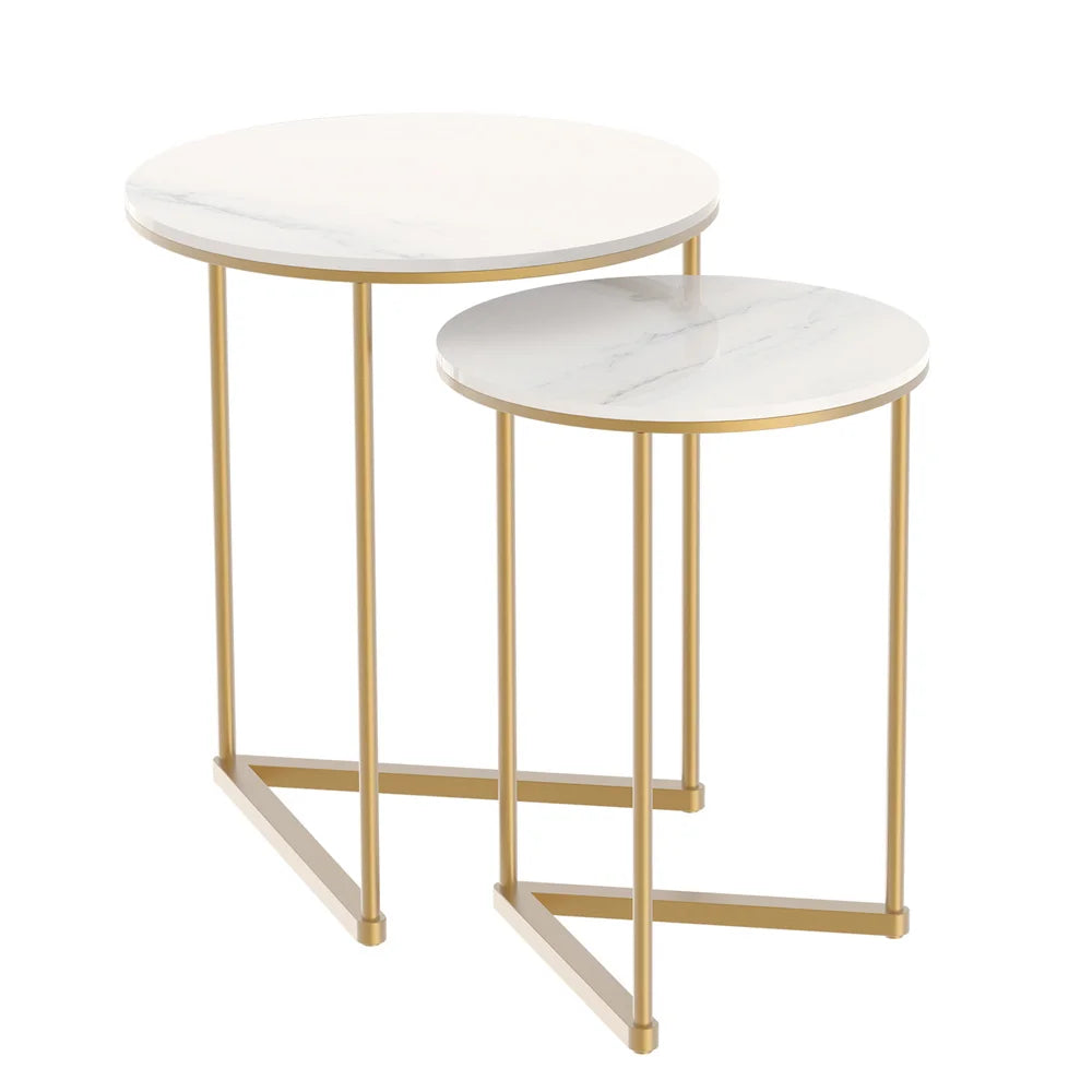 Nesting Side Table Set 2 Piece Sintered Stone Top Metal Base Round Tables - White