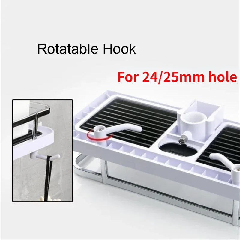 Bathroom Shower Shelf 24cm No-Drill Pole Mounted Drainage Storage Rack Adjustable - White