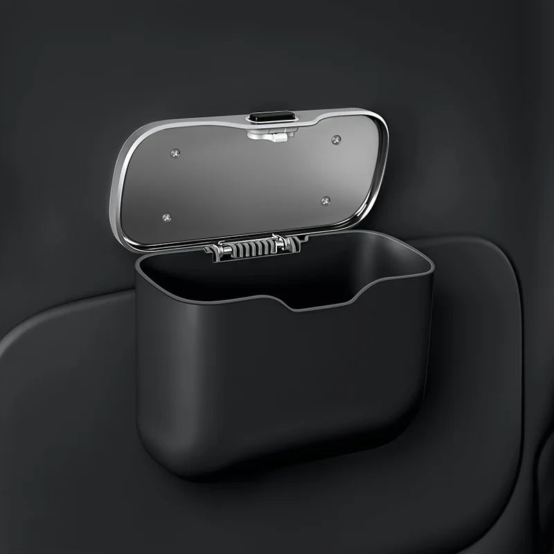 Car Trash Can PU Leather Press Lid Hanging Storage Bin Wet Dry Organiser - Black