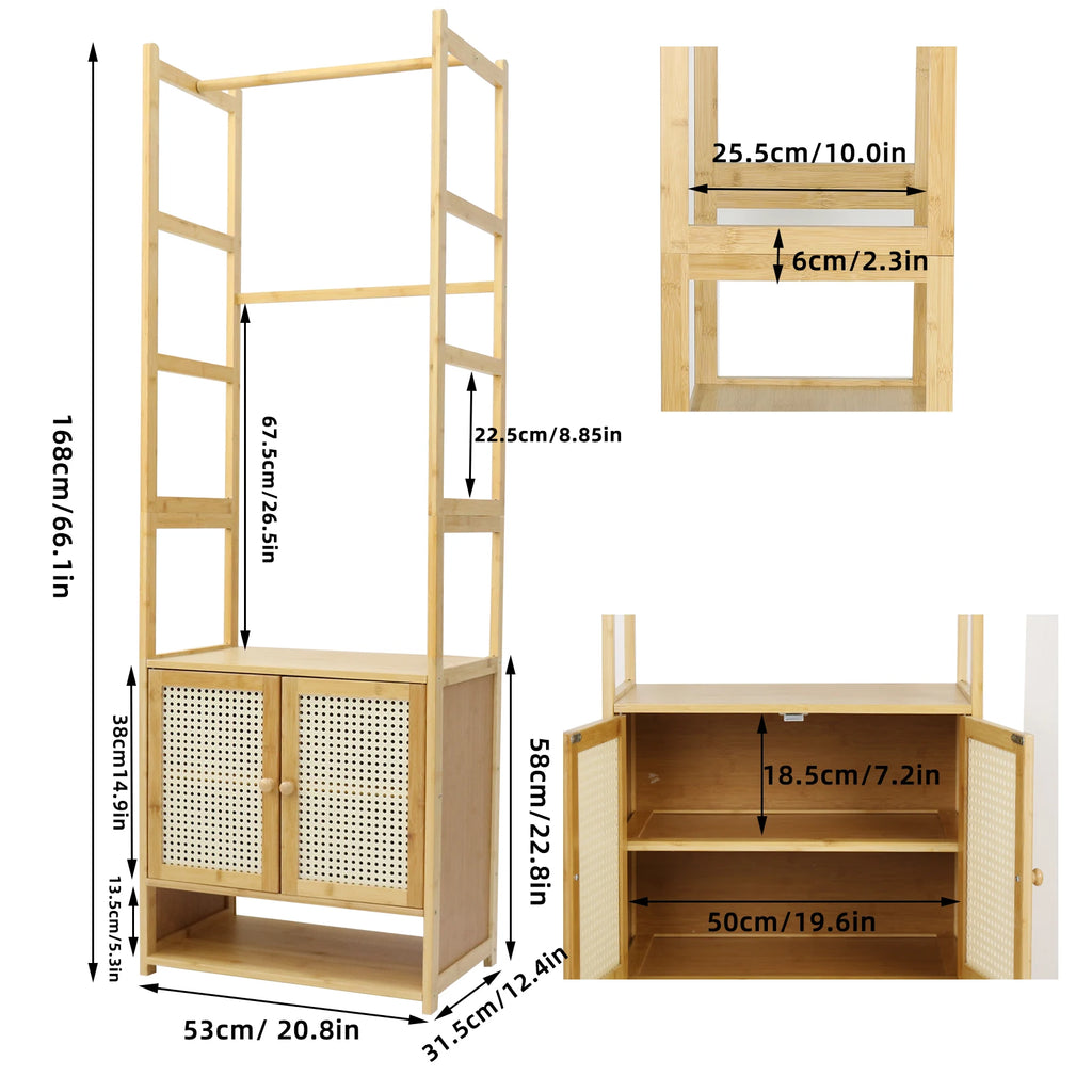Bamboo Clothes Rack with Storage Cabinet Hanging Rail and Shelves Freestanding Wardrobe Organizer – Natural Wood
