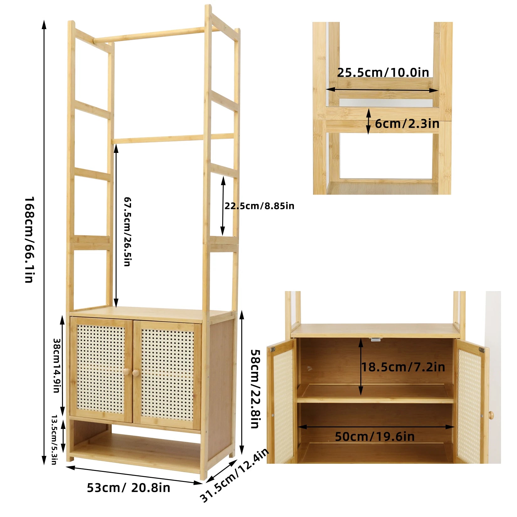 Bamboo Clothes Rack with Storage Cabinet Hanging Rail and Shelves Freestanding Wardrobe Organizer – Natural Wood