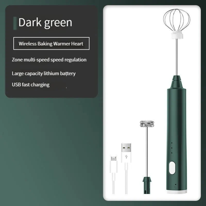 Electric Milk Frother 3-Speed USB Rechargeable Egg Beater Foam Maker – Green