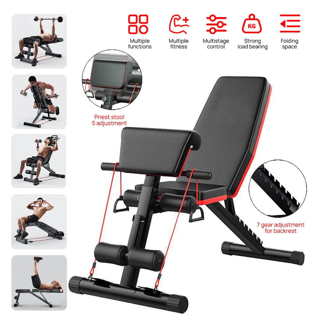 Adjustable Weight Bench Foldable Strength Training Bench with Resistance Bands and Preacher Curl Pad – Black