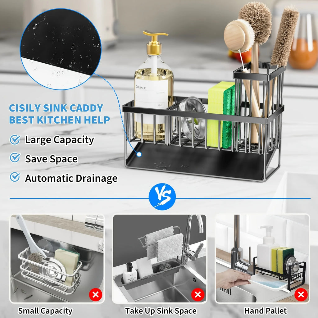 Sink Caddy 304 Stainless Steel Self Draining Sponge and Brush Holder - Black