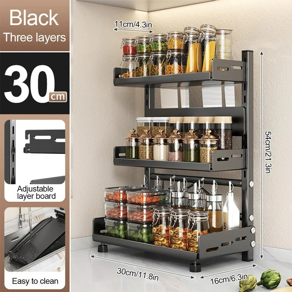 3 Tier Spice Storage Rack 30cm Adjustable Steel Countertop Organizer Black