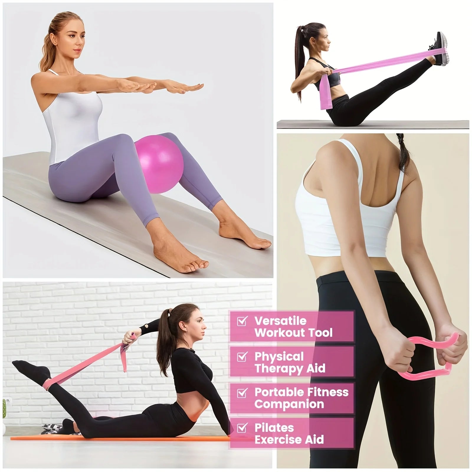 Yoga Circle Fitness Set 13 Piece Stretching and Core Training Equipment for Home Workouts - Pink