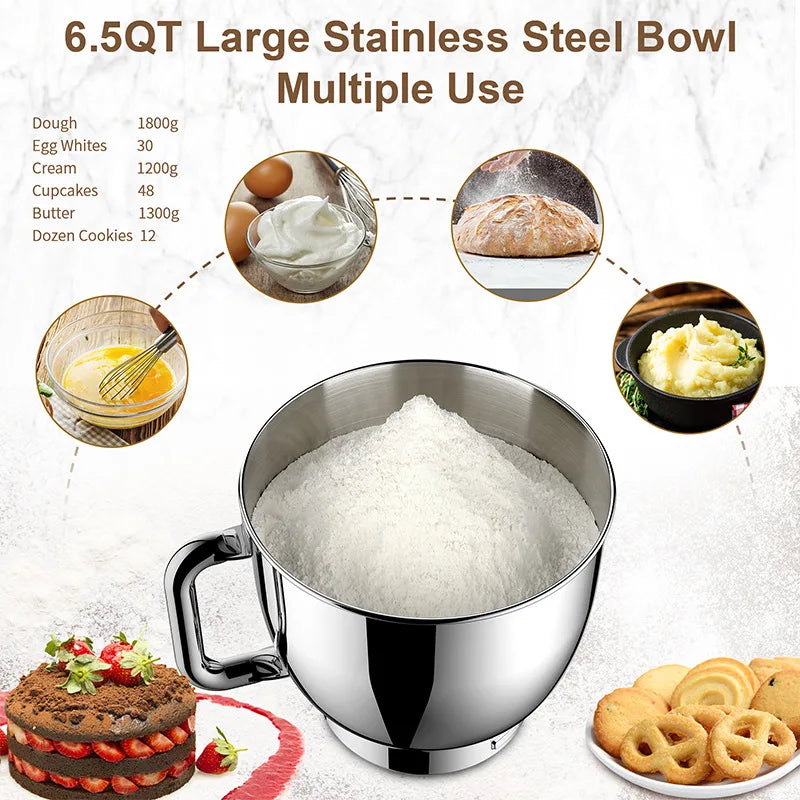 Commercial Stand Mixer 1500W 6.5L Stainless Steel Bowl 6-Speed Silent Smart Display - Black